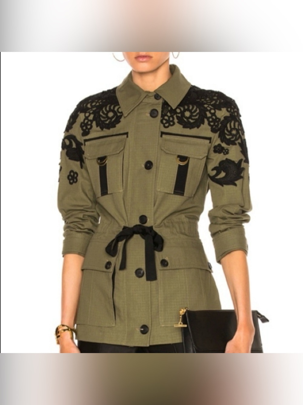 Veronica Beard Olive Green Utility Jacket with Black Lace Appliqué